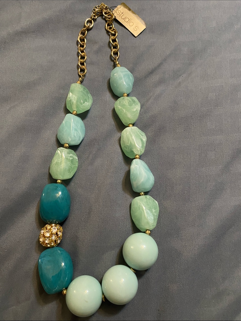 Studio Aqua & Teal Chunky Beaded Necklace with Gold Accents